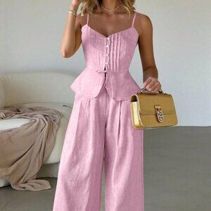 Pink Elegant Women's Casual Fitted Camisole And Wide Leg Pants